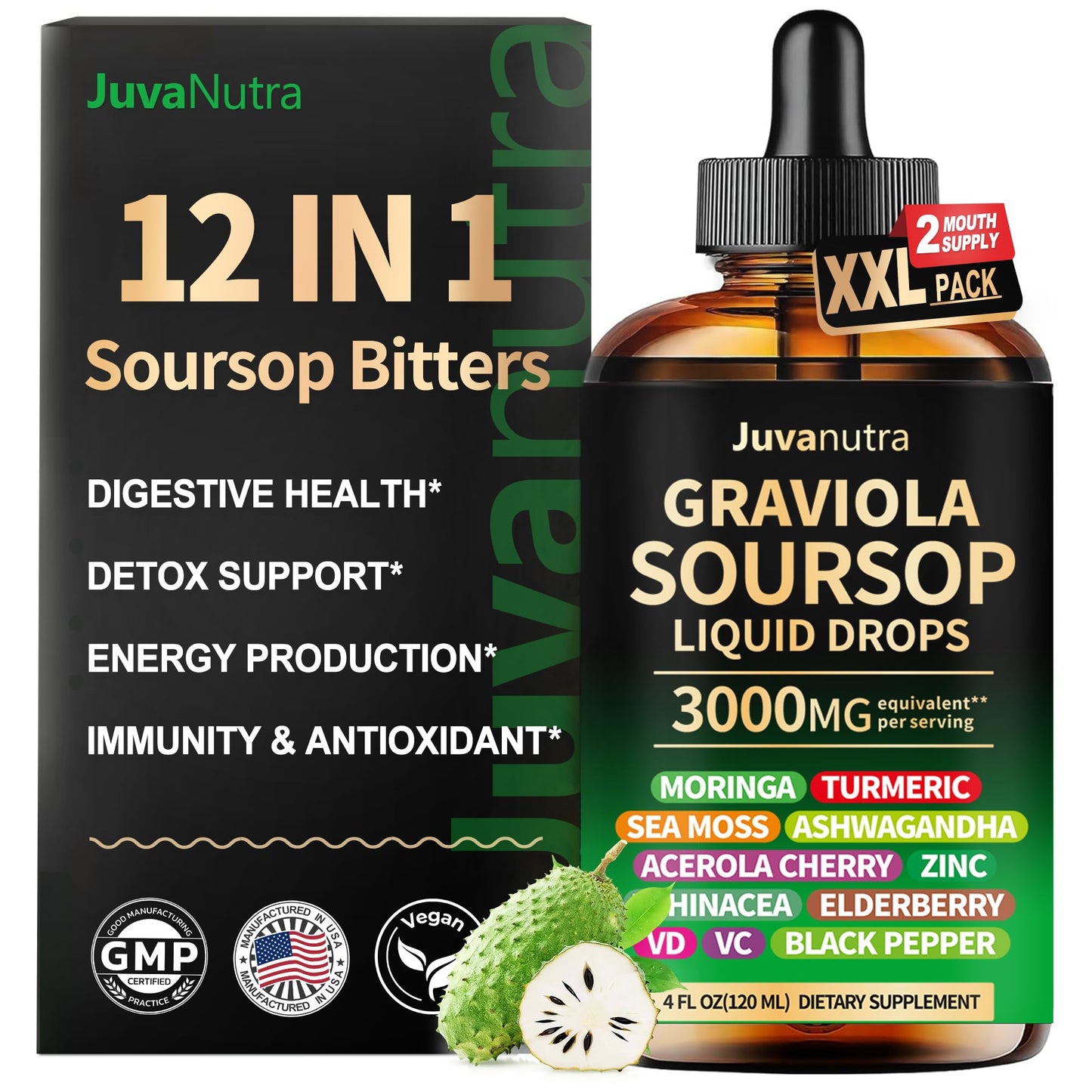 JuvaNutra (4 Fl Oz) Soursop Bitters Liquid Drops 12 in 1 with Sea Moss, Moringa, Turmeric, Echinacea & Ashwagandha Extract - Herbal Tonic for Digestive Wellness & Immune Support