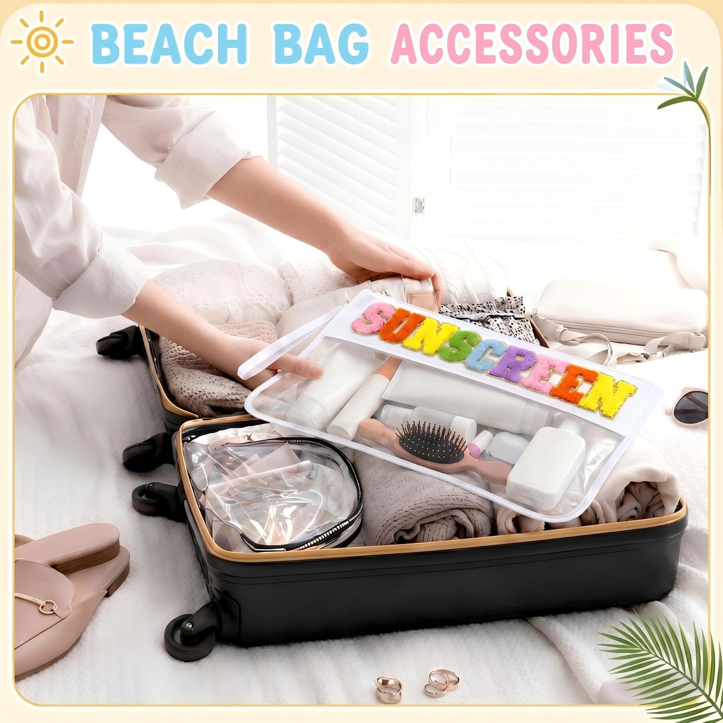SilTriangle Large Sunscreen Bag, Waterproof PVC Chenille Letter Makeup Pouch Container Zipper Portable Organizer for Full Size Sun Protection Essentials, Summer Beach Travel Gift, 15.75 x 12.20 Inch