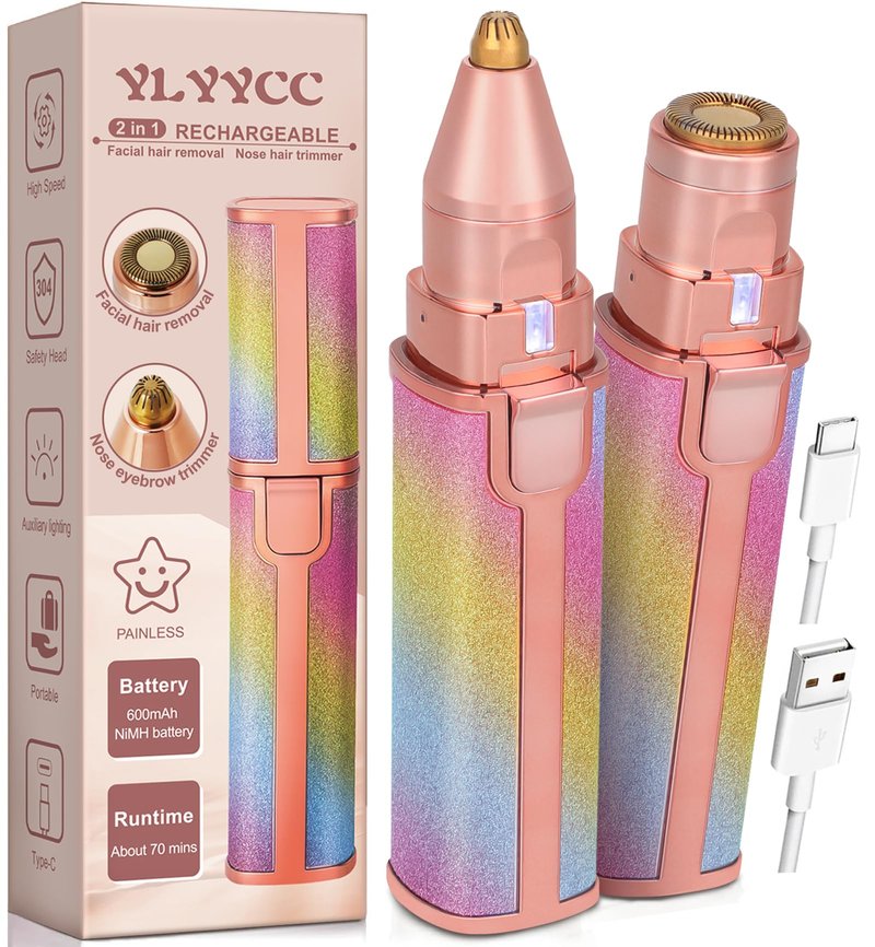 YLYYCC Facial Hair Removal for Women: 2-in-1 Rechargeable Nose Hair & Eyebrow Trimmer, Face Shaver with Built-in LED Light for Removing Chin, Upper and Lower Lip Area Peach Fuzz