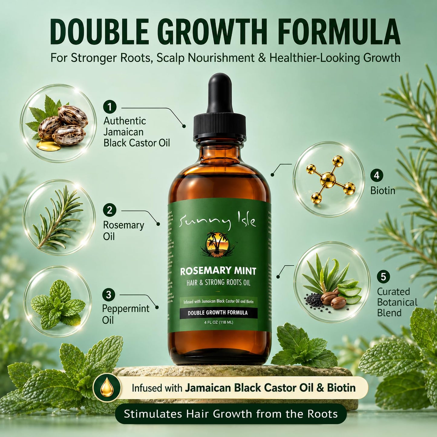 Sunny Isle Rosemary Mint Hair & Strong Roots Oil 4oz, Jamaican Black Castor Oil & Biotin, Double Growth Formula, Strengthening, Dry Scalp, Edges, Breakage & Protective Styles
