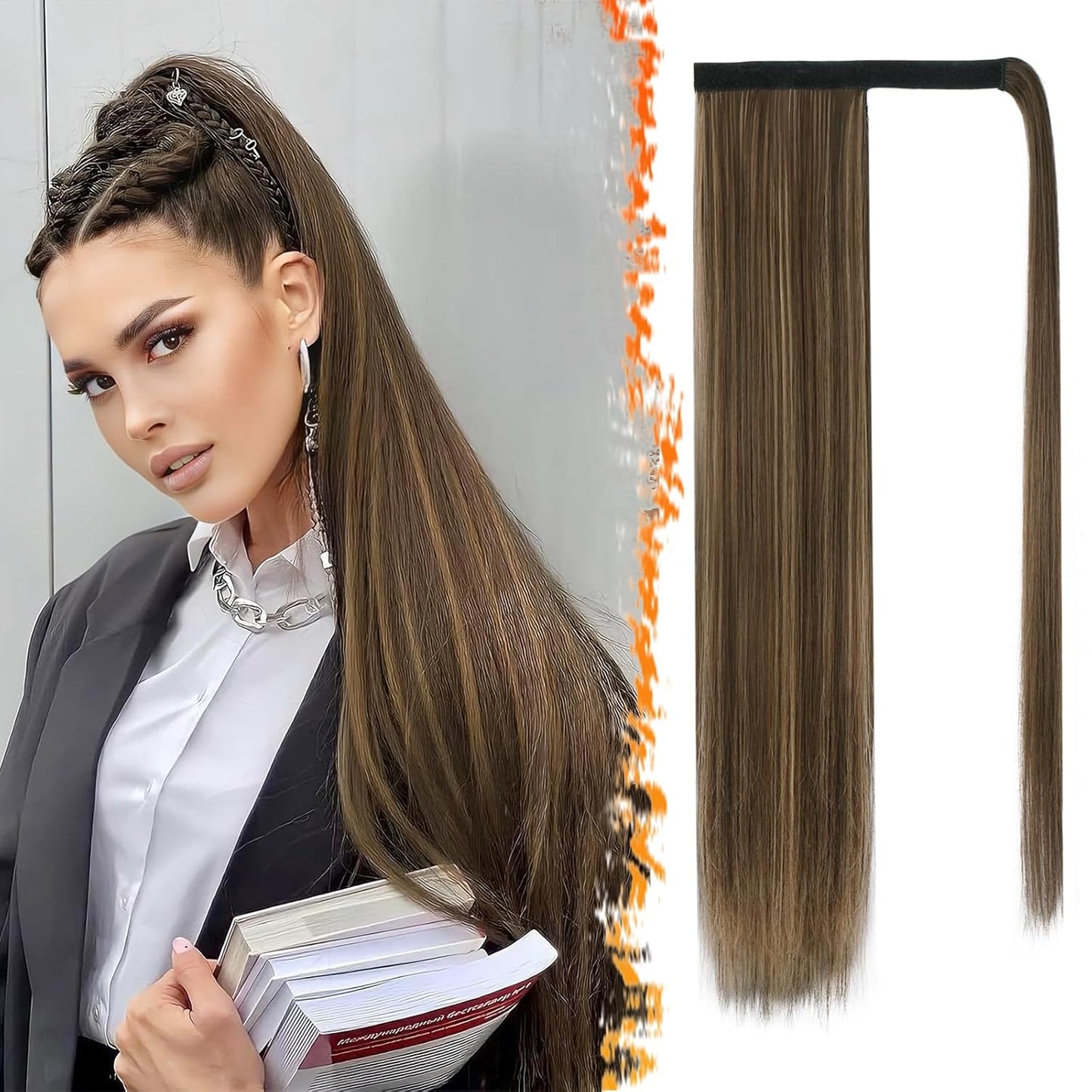 Dark Brown Straight Wrap Ponytail Extension - 24 Inch Clip-In Hairpiece for Black Women | Synthetic Hair