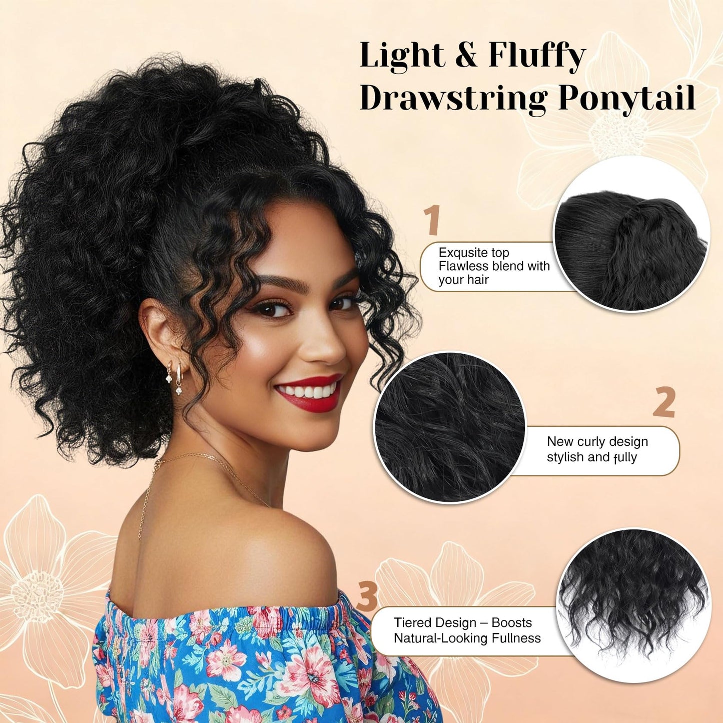 Detean 10 inch Ponytail Extension Drawstring Ponytail for Black Women Short Wavy Curly Ponytails Fluffy Natural Looking Pony Tails Hair Extensions Synthetic Hairpiece (1B)