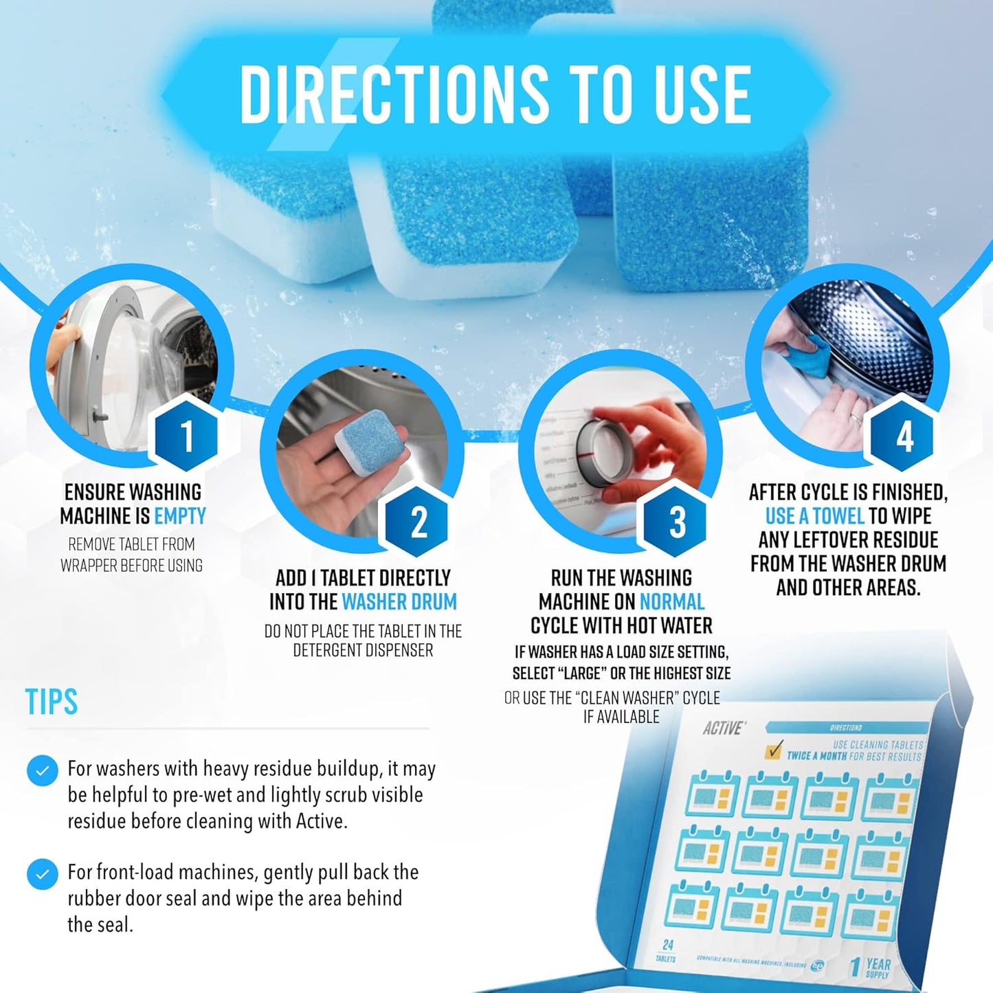 Washing Machine Cleaner Tablets - Eco-Friendly Descaler for HE & Top Load Washers | 24-Pack, Septic Safe