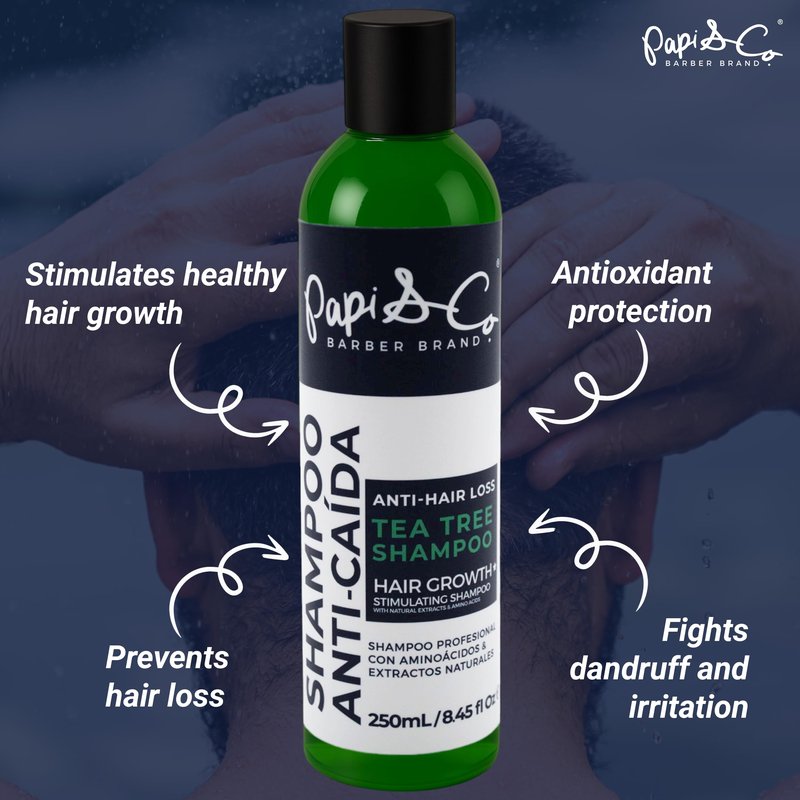 Papi & Co. - Tea Tree Shampoo for Men - Natural Peppermint Thickening Shampoo - Anti Itch Scalp & Dandruff Treatment with Seaweeds & Squalene - Daily Use Clarifying Formula for Thinning Hair - 250 mL