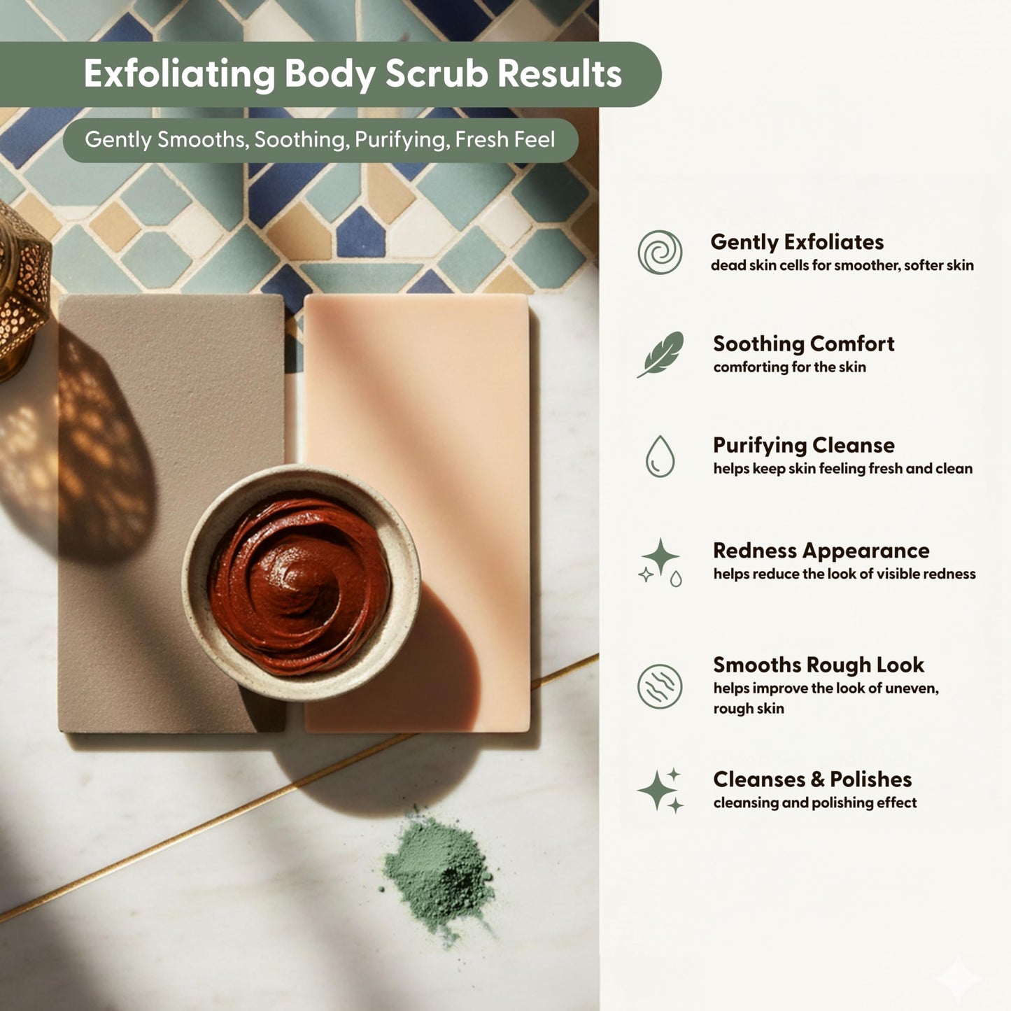Moroccan Tebrima Herbal Exfoliating Body Scrub Powder | Natural Body Exfoliator for Women & Men, Gentle Bikini Exfoliating Scrub with Nila, Henna, Rose & White Clay for Smooth, Glowing Skin
