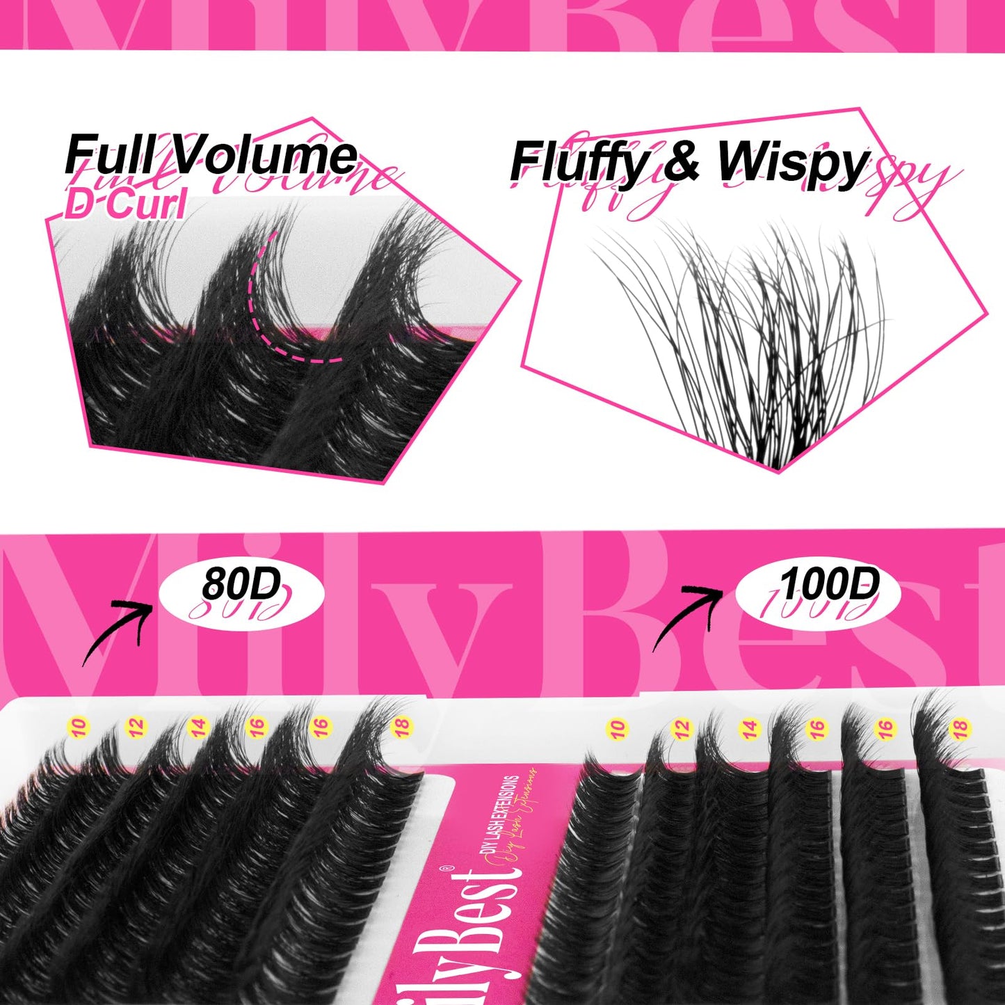 MilyBest Lash Clusters Kit Wispy, 10-18mm Fluffy Volume 80D 100D Eyelash Clusters D Curl - Reusable DIY Lash Extension Kit for Beginners, Thick Cluster Eyelash Extensions with Bond and Seal Tweezers