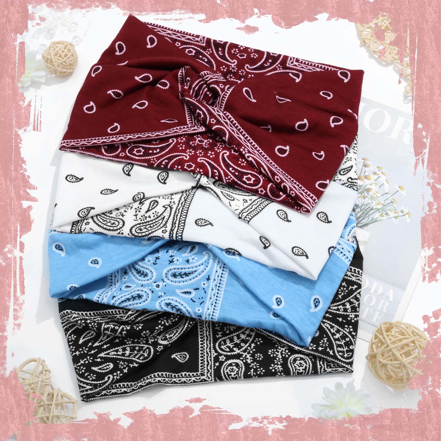 FARSYOD African Boho Headbands For Women's Wide Elastic Hair Bandana 4Pcs