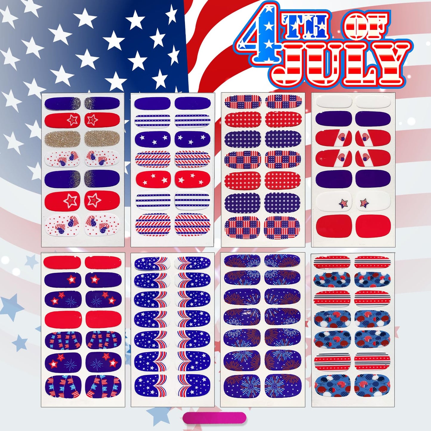 8 Sheets 4th of July Nail Wraps Stickers, Independence Day Full Nail Polish Strips, Memorial Day DIY Self-Adhesive Nail Art Decals Patriotic American Flag Pattern Decor (112 Pieces)