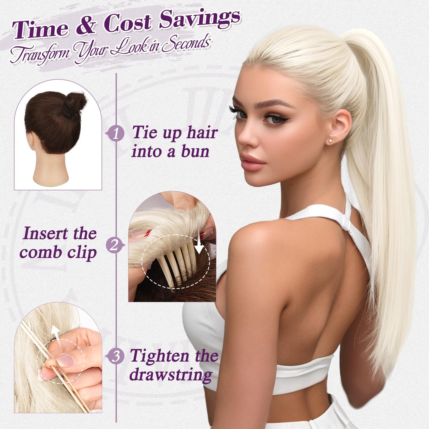 BARSDAR Platinum Blonde Straight Drawstring Ponytail Extension - 22 Inch Long Straight Drawstring Ponytail Extension Natural Looking Soft Synthetic Cheer Posh Pony Tails Hairpieces Daily Party