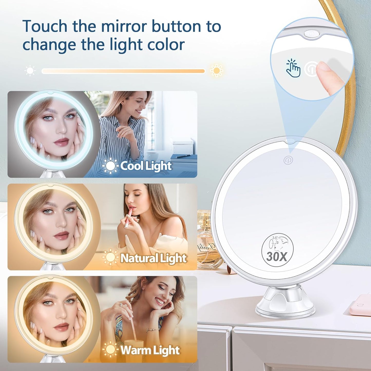 30X Magnifying Makeup Mirror with Light - 3 Color Modes, Adjustable Brightness | 8-Inch Suction Cup Design