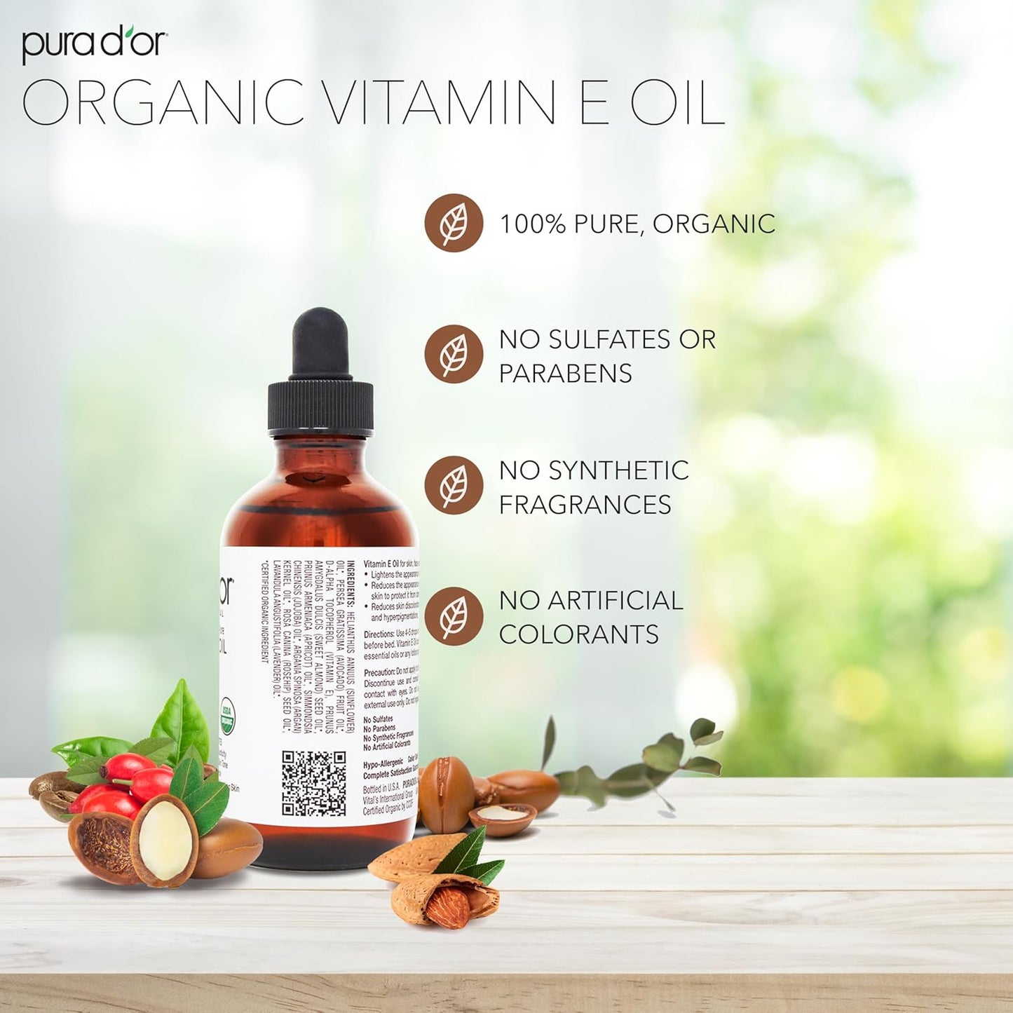 PURA D'OR Organic Vitamin E Oil - 70,000 IU Ayurvedic Skin Care | Lightweight Moisturizer for Face & Body