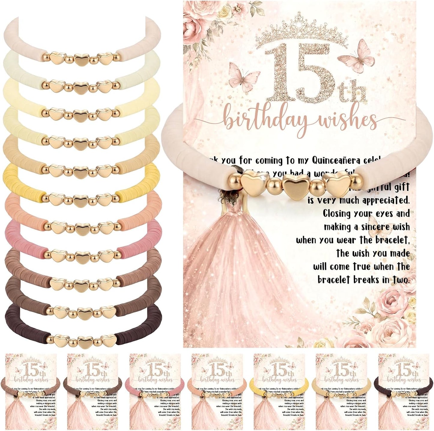 Quinceañera Party Favors - 25 Heart Beaded Bracelets with Thank You Cards | Perfect Birthday Gifts for Guests
