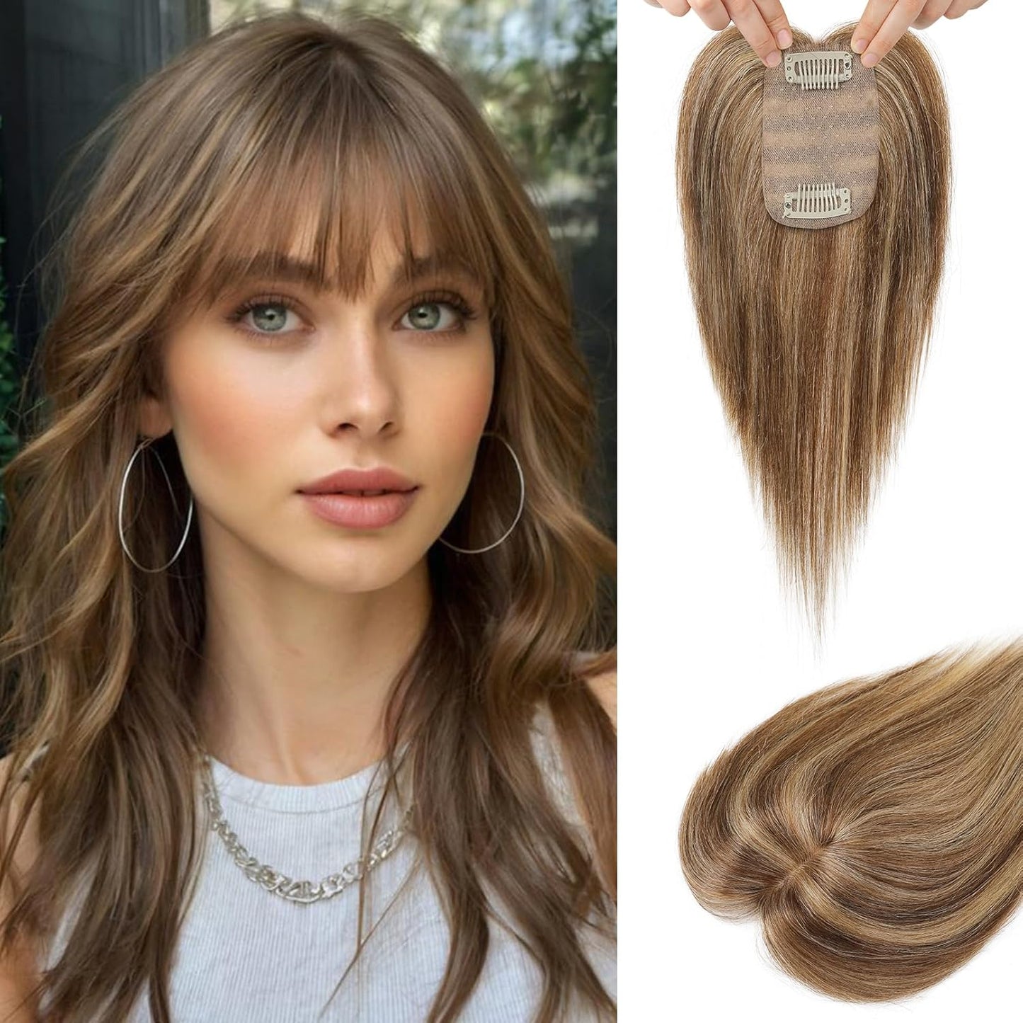 Real Human Hair Toppers for Women - 10 Inch Clip-In Bangs | 150% Density Silk Base - Medium Brown with Blonde Highlights