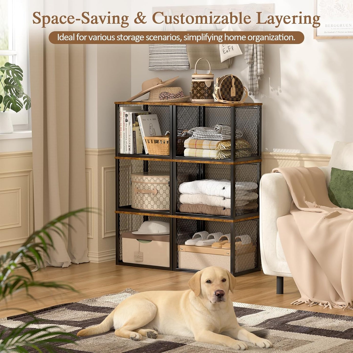 Stackable Closet Organizers - Multifunctional Storage Baskets with Wood Top | 3 Pack, Black