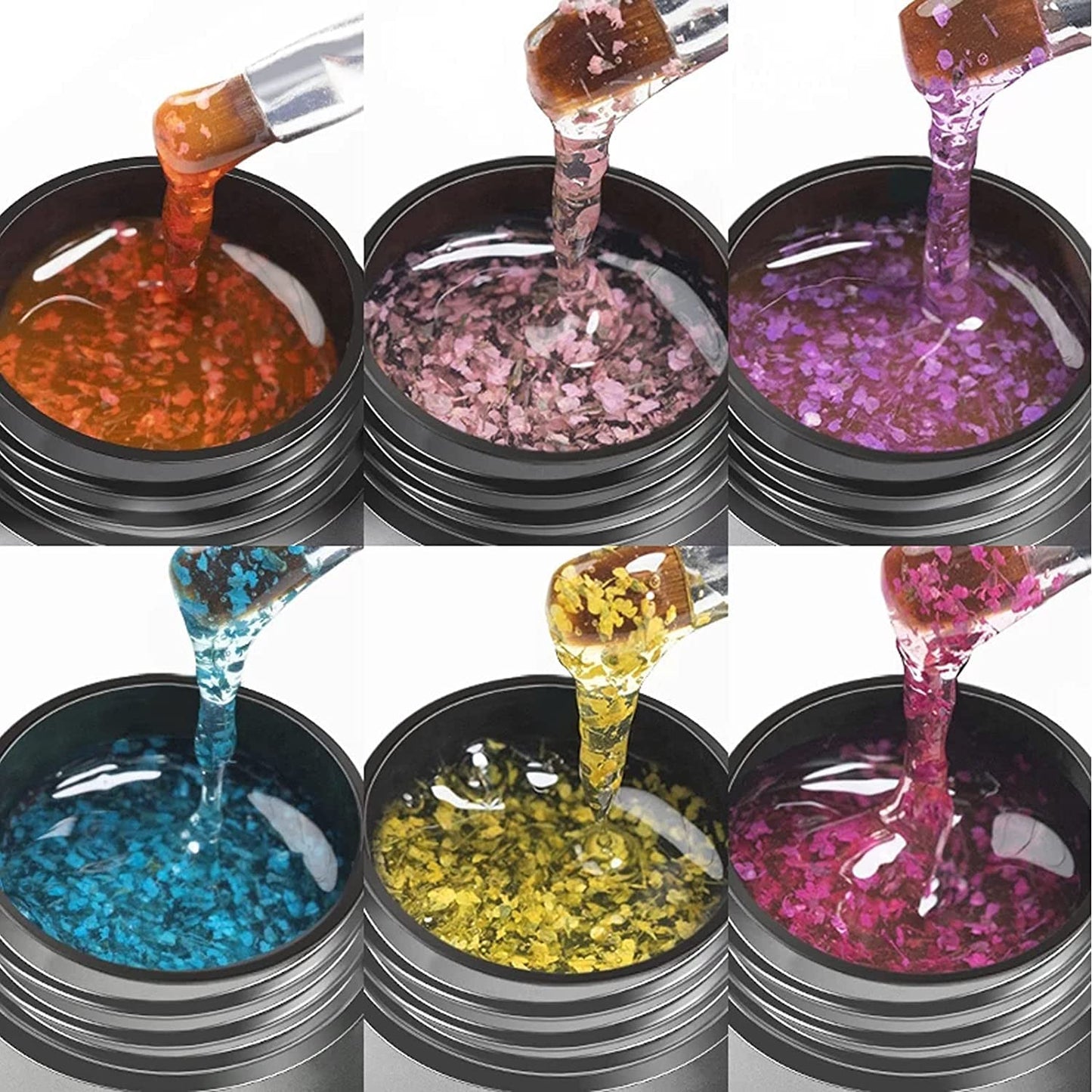 Bellecrey 6 Color/Set Dried Flowers Gel Nail Polish, Flower Fairy Gel Polish, Soak Off UV Holographic Varnish Rose Gold Pink Green Blue Purple Nail Polish Gel