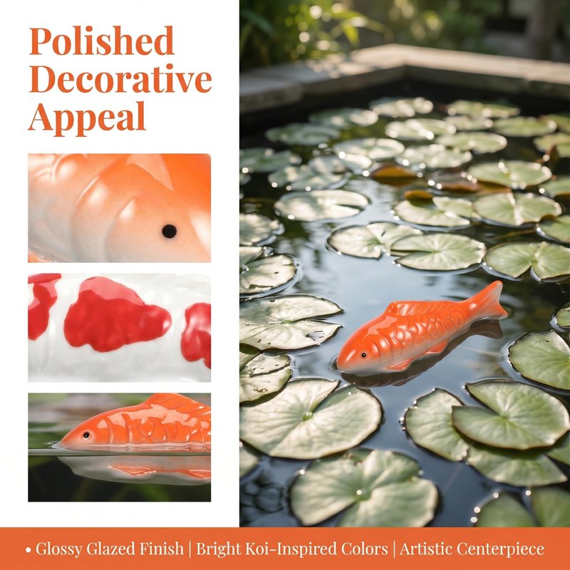 Housoutil Ceramic Floating Koi Fish, 2PCS Ceramic Floating Fake Fish Goldfish Koi Decor Realistic Water Pond Decor for Outdoor Fountain, Bird Bath, Mini Water Garden and Fake Aquarium