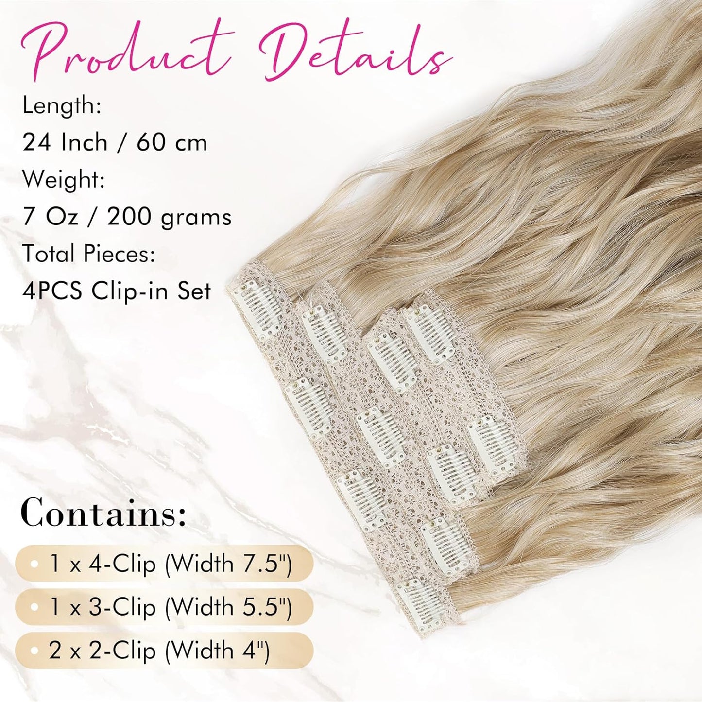 REECHO Clip-In Hair Extensions - 24" Thick Blonde Beach Waves | Invisible Lace Weft, Natural Soft Hairpieces for Women