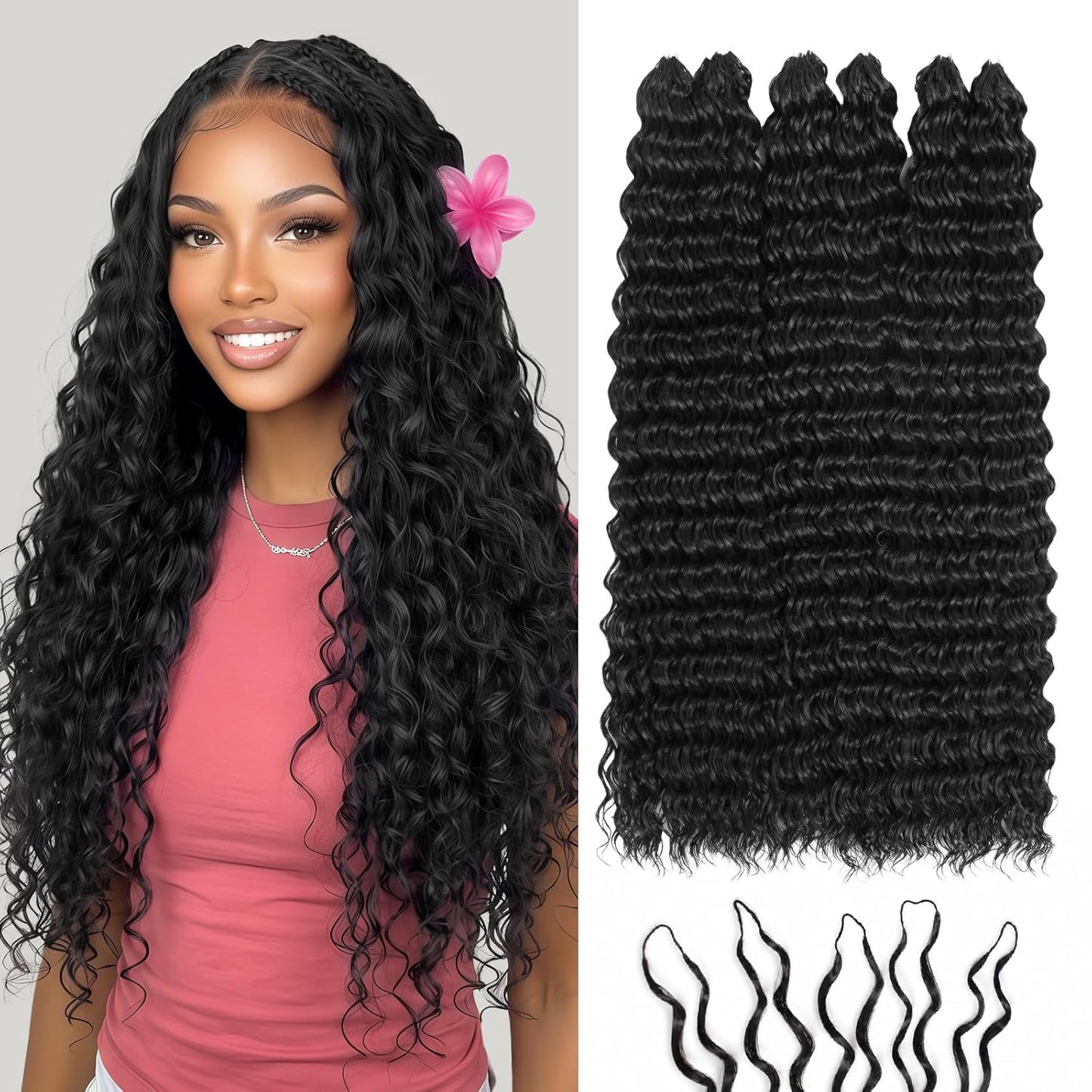Miracle Knots | Deep Wave Feather Crochet Hair Extensions - 14" Soft Cotton Core, 50 Strands, Glue-Free Knotless (Natural Black)