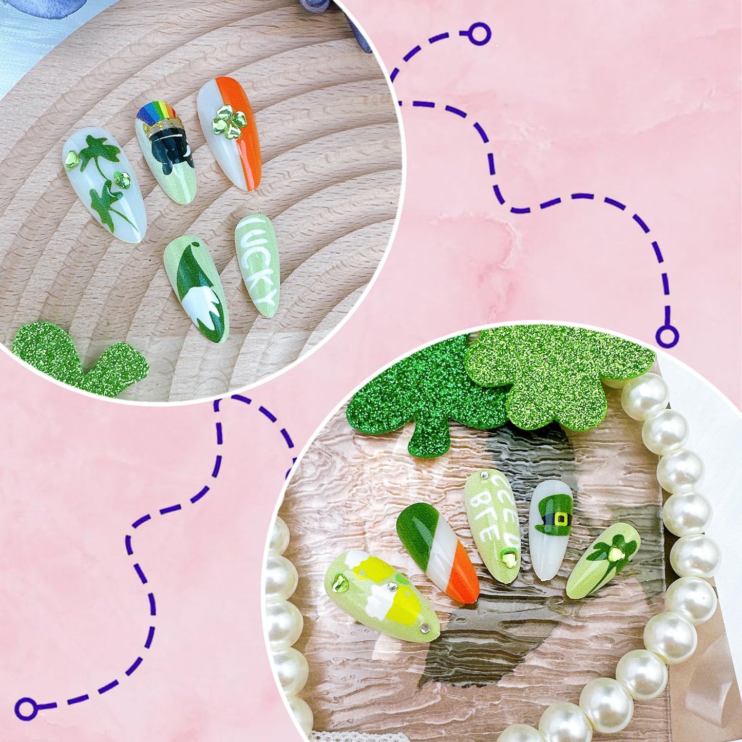 St. Patrick's Day Press On Nails - 24Pcs Medium Almond Acrylic with Shamrocks & Rhinestones | Dwarf Hat Design