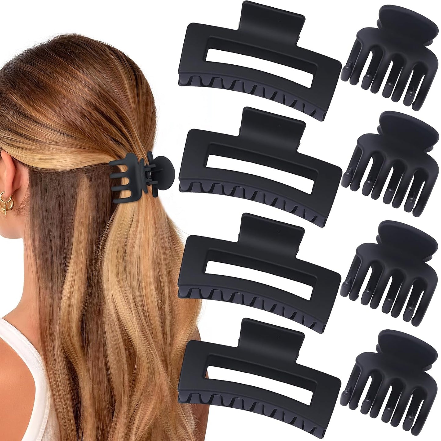 Medium Hair Clips for Women - 8 Pcs Small Claw Clips for Thin & Thick Hair | Rectangle Jaw Hair Accessories in Black