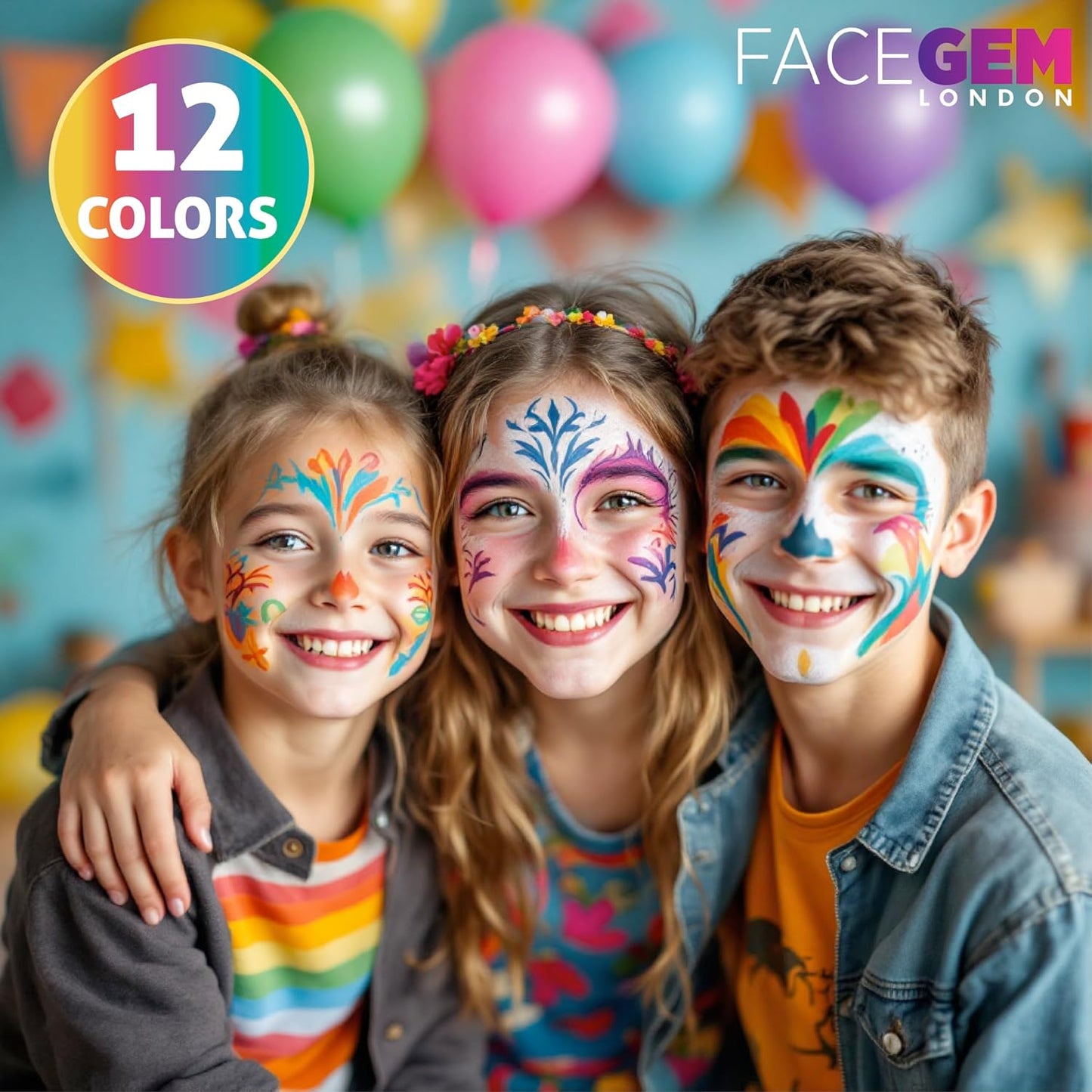 Water-Based Face Paint Kit - 12 Vibrant Colors, Fast-Drying & Washable | Mess-Free Stencils for Festivals & Parties