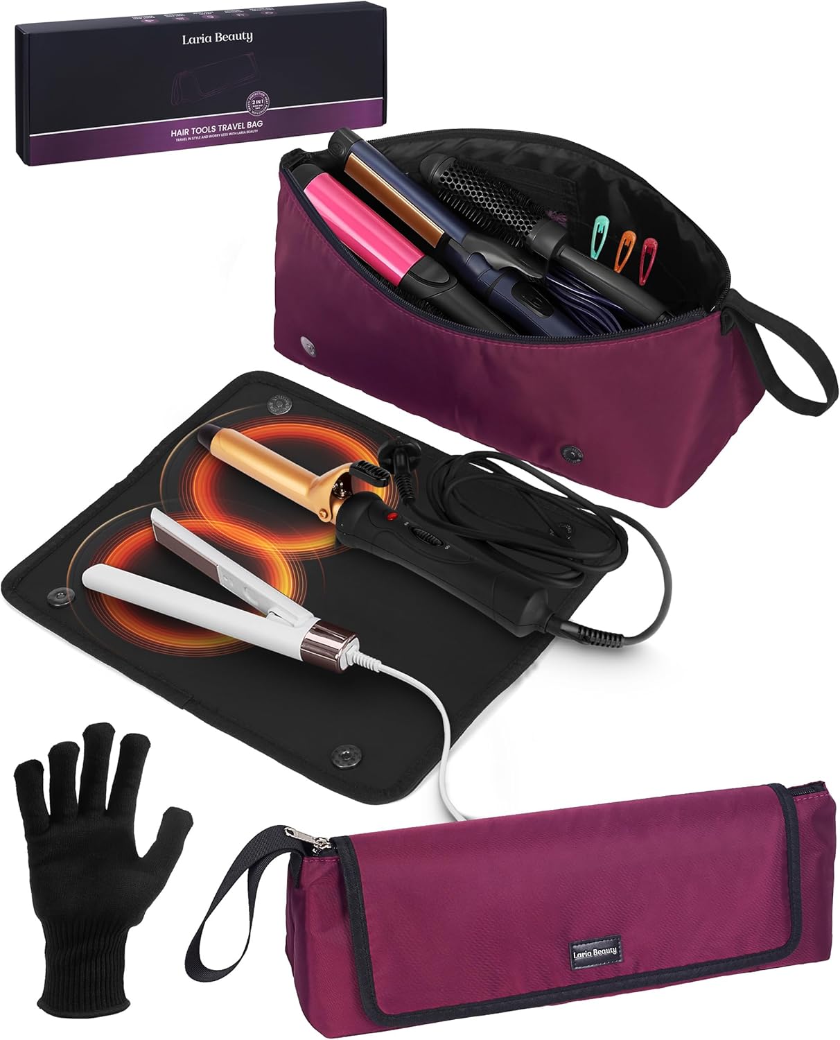 2-in-1 Hot Hair Tools Travel Bag - Heat-Resistant Silicone Mat, Clear Pockets for Accessories | Ideal for Curling & Flat Irons