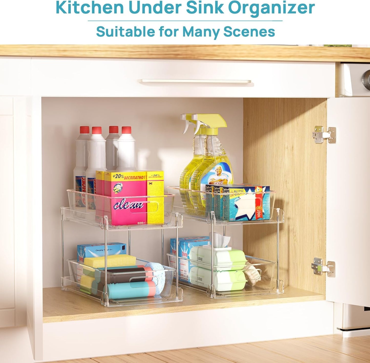 4 Pack Bathroom Organizer - 2 Tier Clear Under Sink Storage Bins | Vanity Countertop & Cabinet Drawers