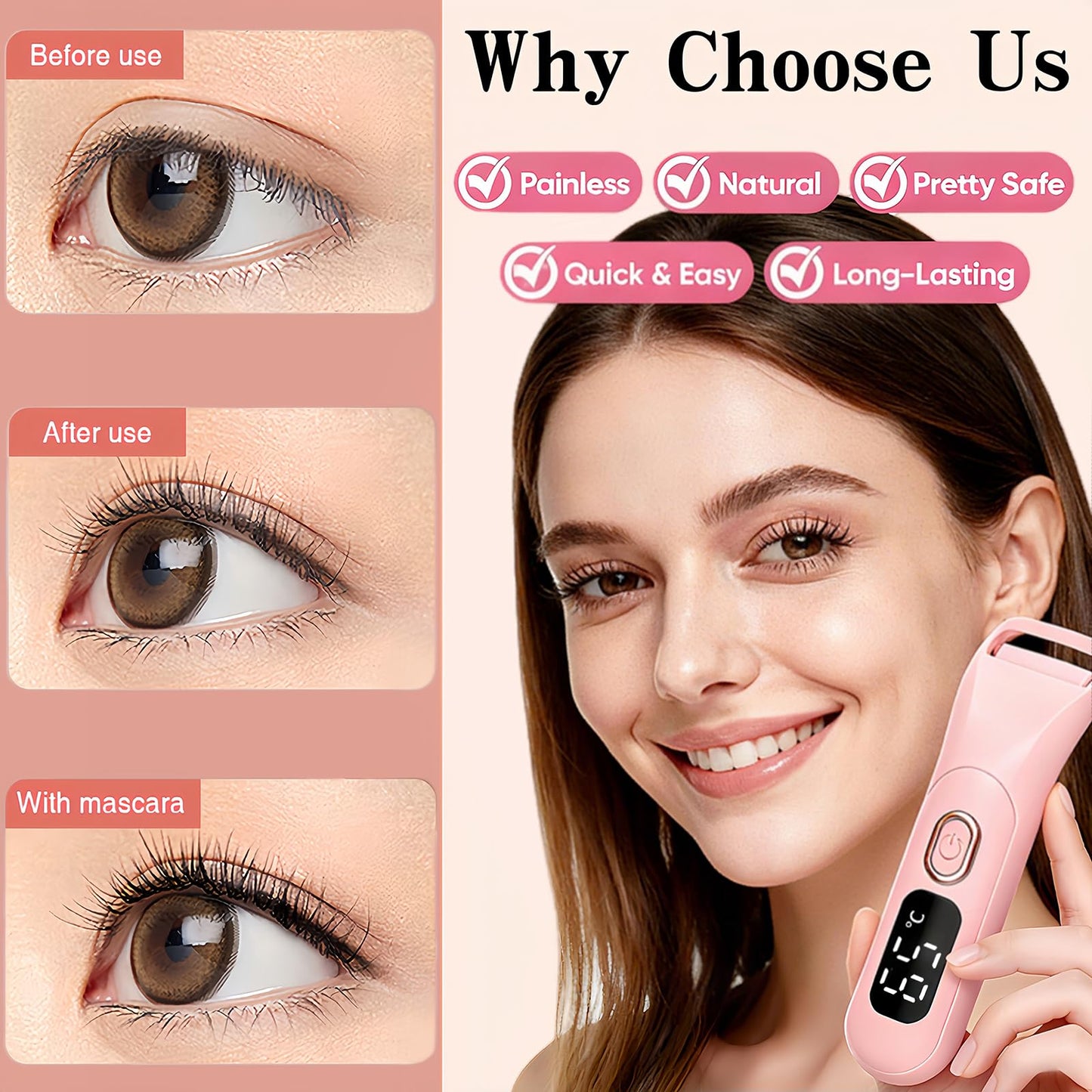 Heated Eyelash Curlers, Rechargeable Electric Eyelash Curler with Dual-Arc Design & 3 Adjustable Temperature - Safe Gentle Heated Lash Curler for Natural Curl Perfect Fit for Women(Pink B)