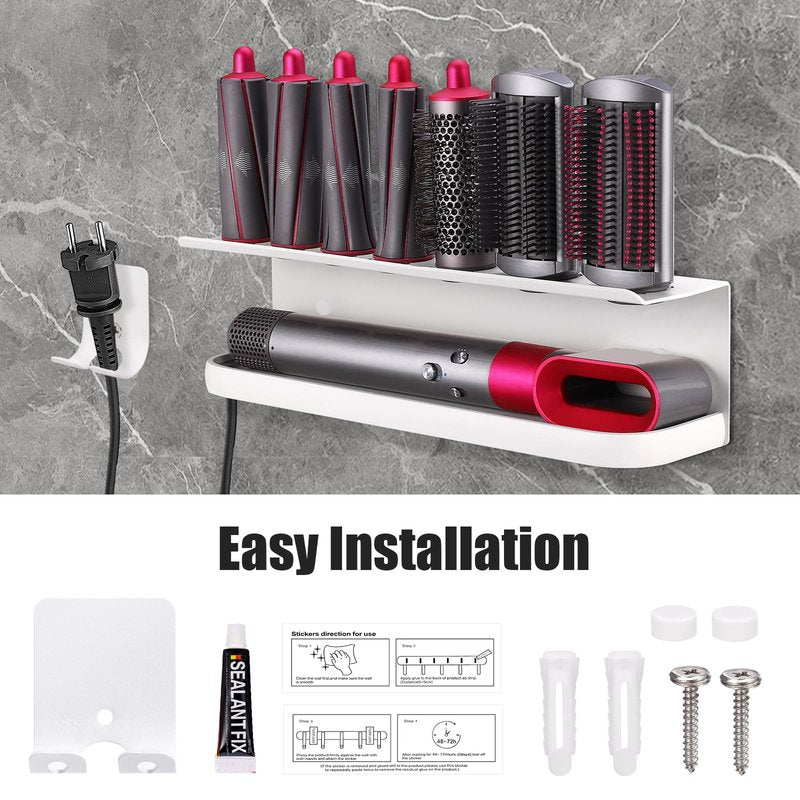 Zenymb Wall Mount Holder for Dyson Airwrap Styler, White Storage Rack Organizer for Hair Curling Iron & Attachments – Space-Saving Bathroom Bracket Stand, No-Drill Installation