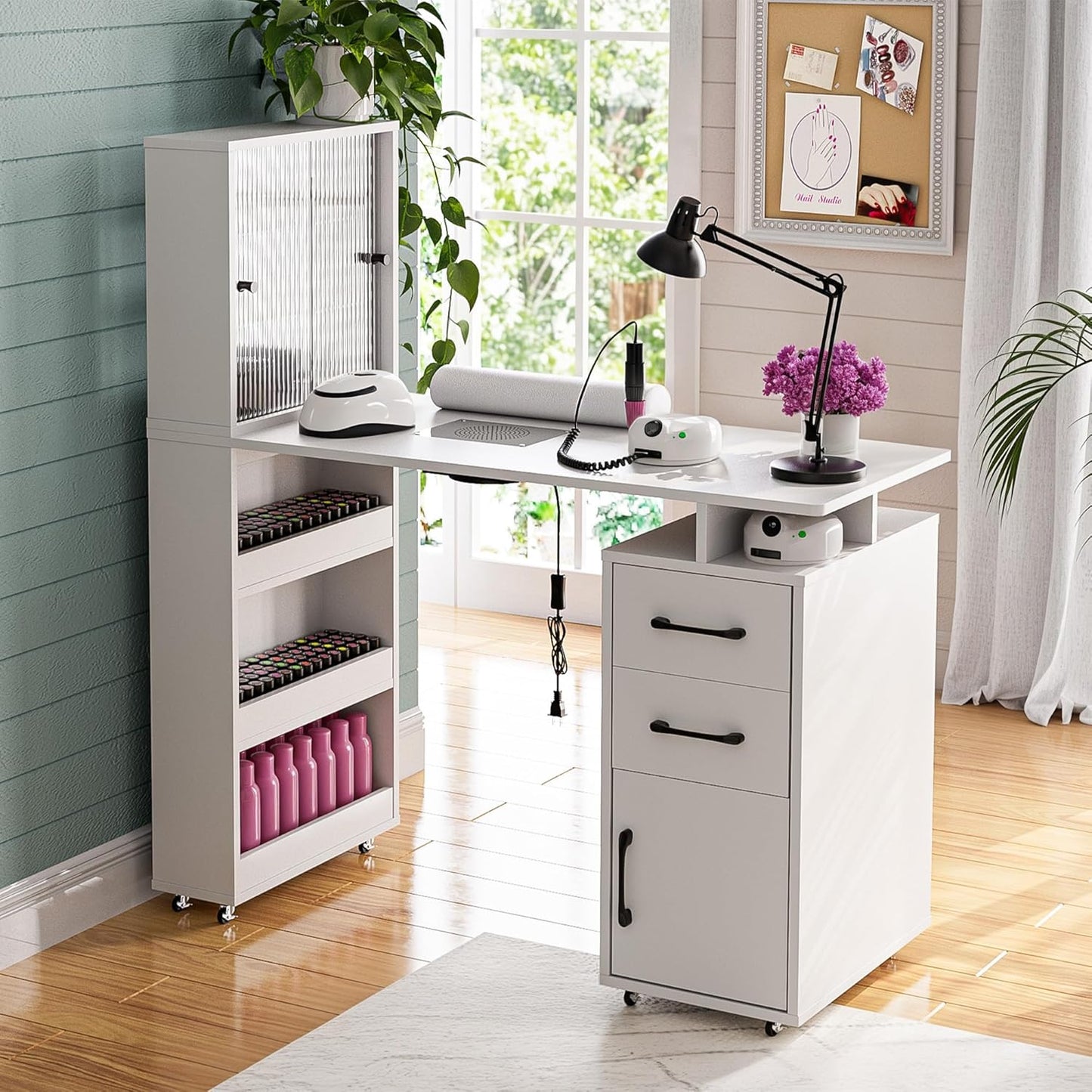 Manicure Table - Nail Desk with Glass Door Storage & Dust Collector | Acetone Resistant, White