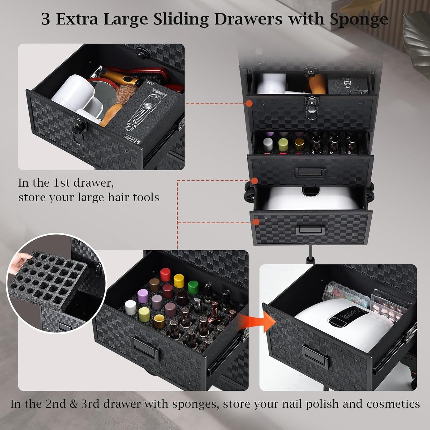 Rolling Makeup Case on Wheels - 4-in-1 Cosmetology Organizer with 3 Drawers & Foot Stand | Ideal for Artists & Salons