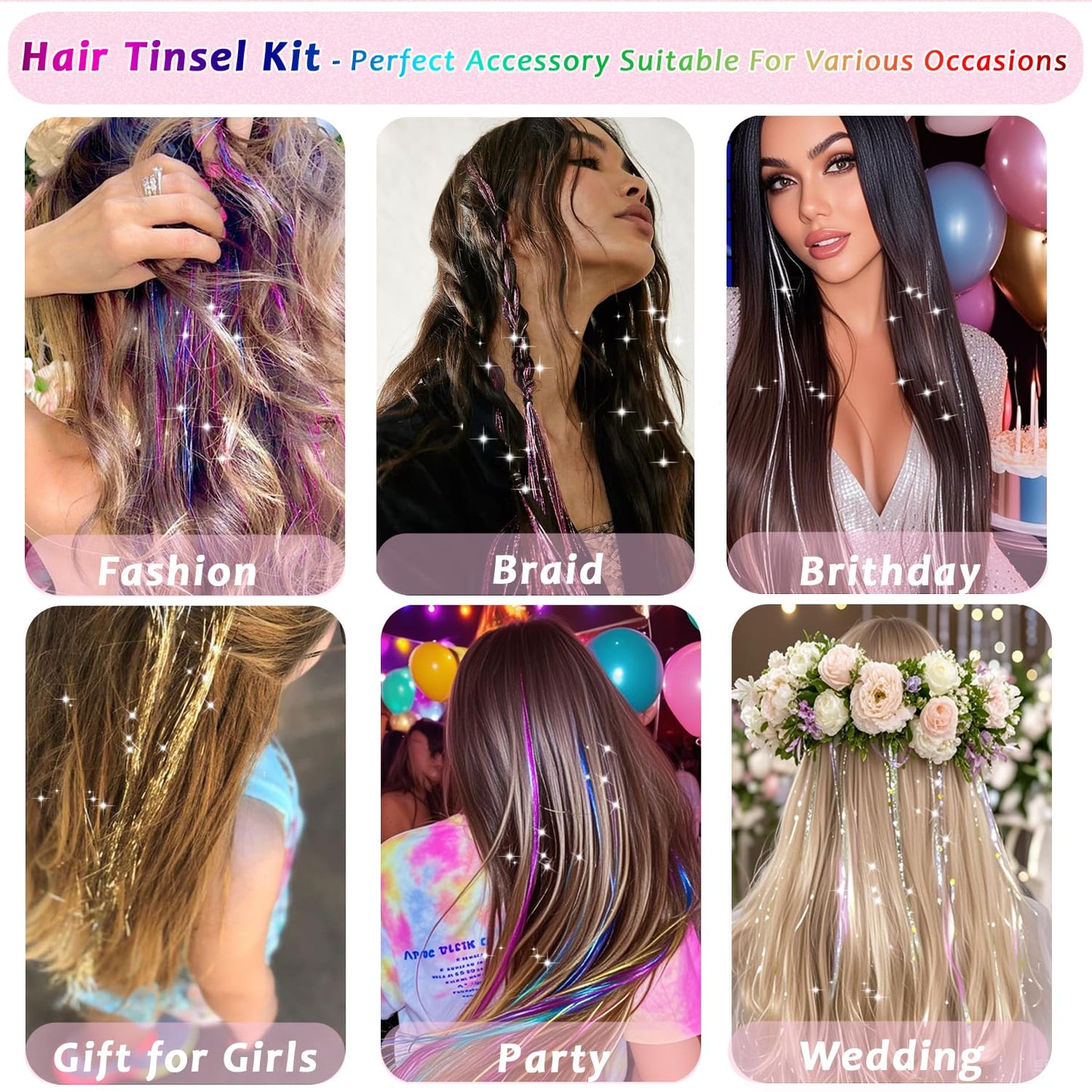Hair Tinsel Kit - 24 Vibrant Colors, 9800 Strands, 48 Inch Glitter Hair Extensions | Festive Party Accessories for Women & Girls