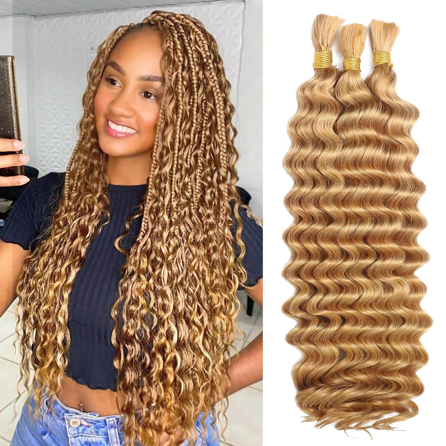 22 Inch Human Braiding Hair - Boho Deep Wave Bulk Brazilian Virgin Hair | 3 Bundles, 110g, Natural Color