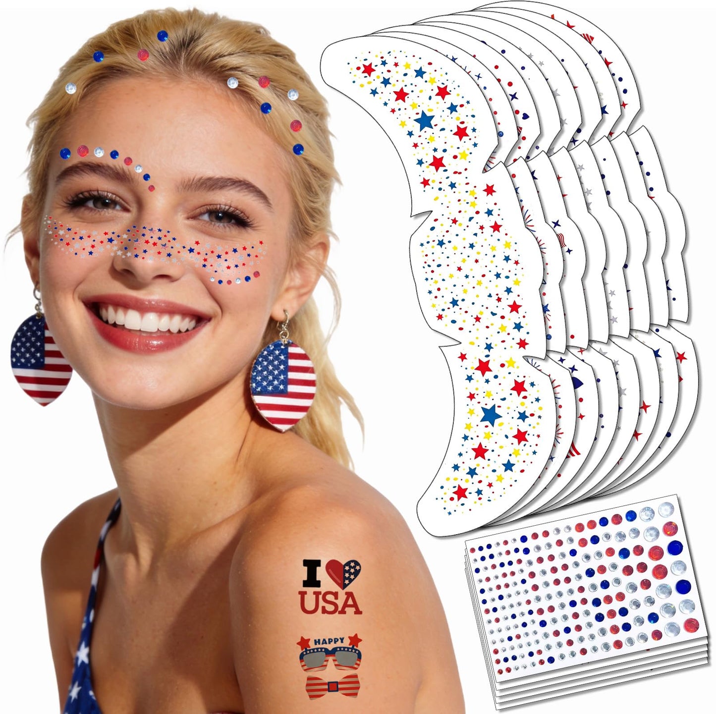 4th of July Tattoos, Red White Blue Face Glitter Freckles+Face Gems Hair Rhinestone+American Flag USA Temporary Tattoos for Patriotic, Independence Day Fourth of July Memorial Day Labor Day