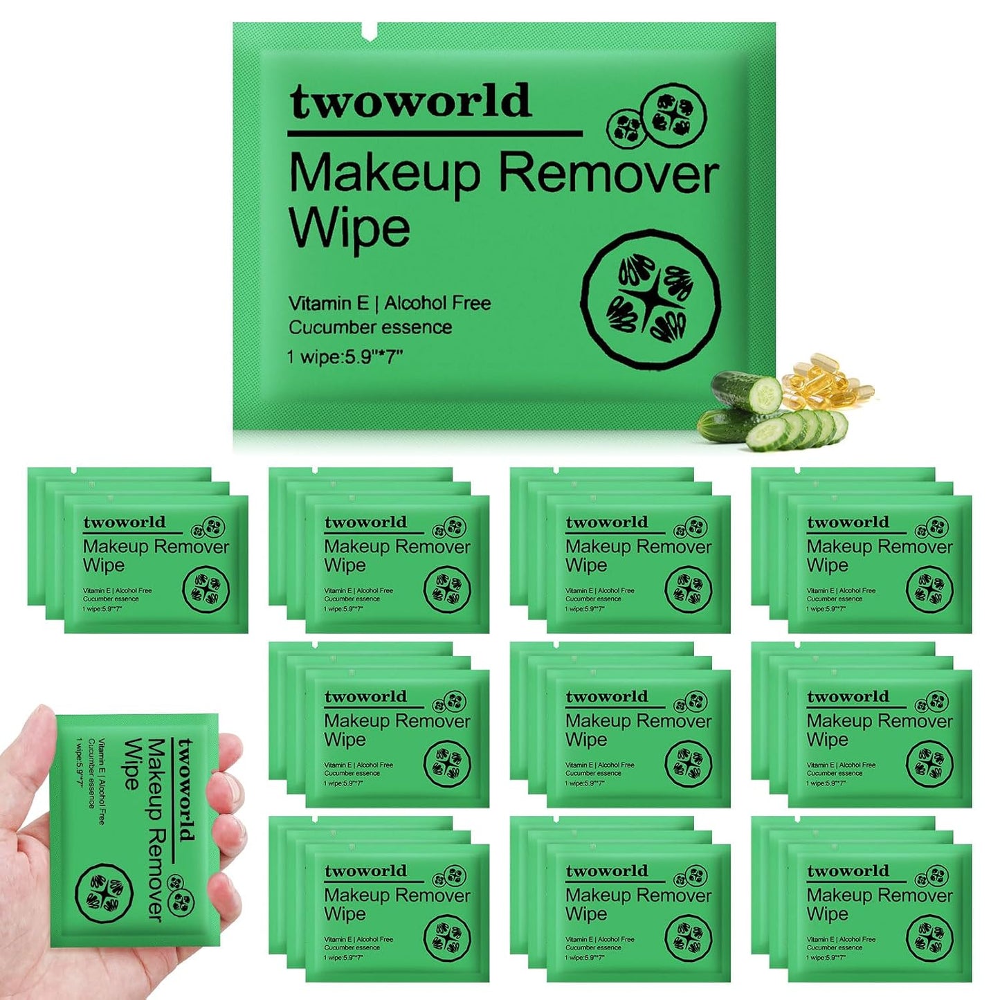 Makeup Remover Wipes - Gentle Travel Cleansing Wipes for Face | Individually Wrapped, Cucumber Scent, Pack of 50