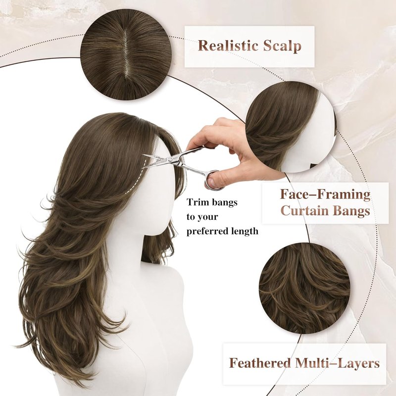 Layered Brown Wig with Highlights - Long Wavy Synthetic Hair, 22 Inch | Natural-Looking Curtain Bangs for Daily Wear