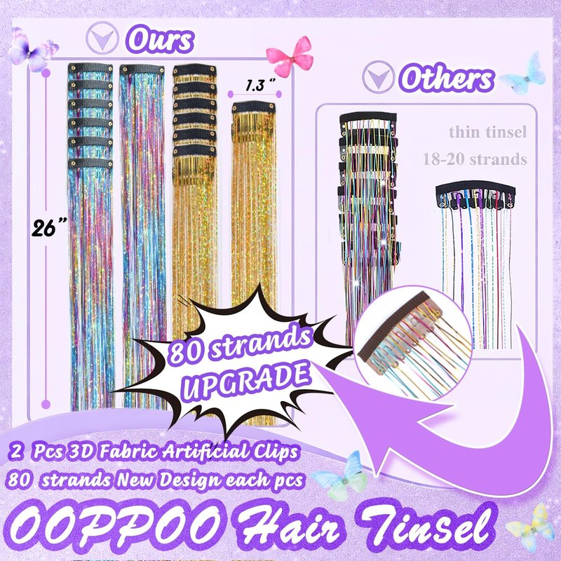 Clip In Hair Tinsel Kit - 26 Inch Colorful Glitter Extensions for Girls & Women | Heat Resistant Sparkly Hair Accessories (Rainbow & Gold)