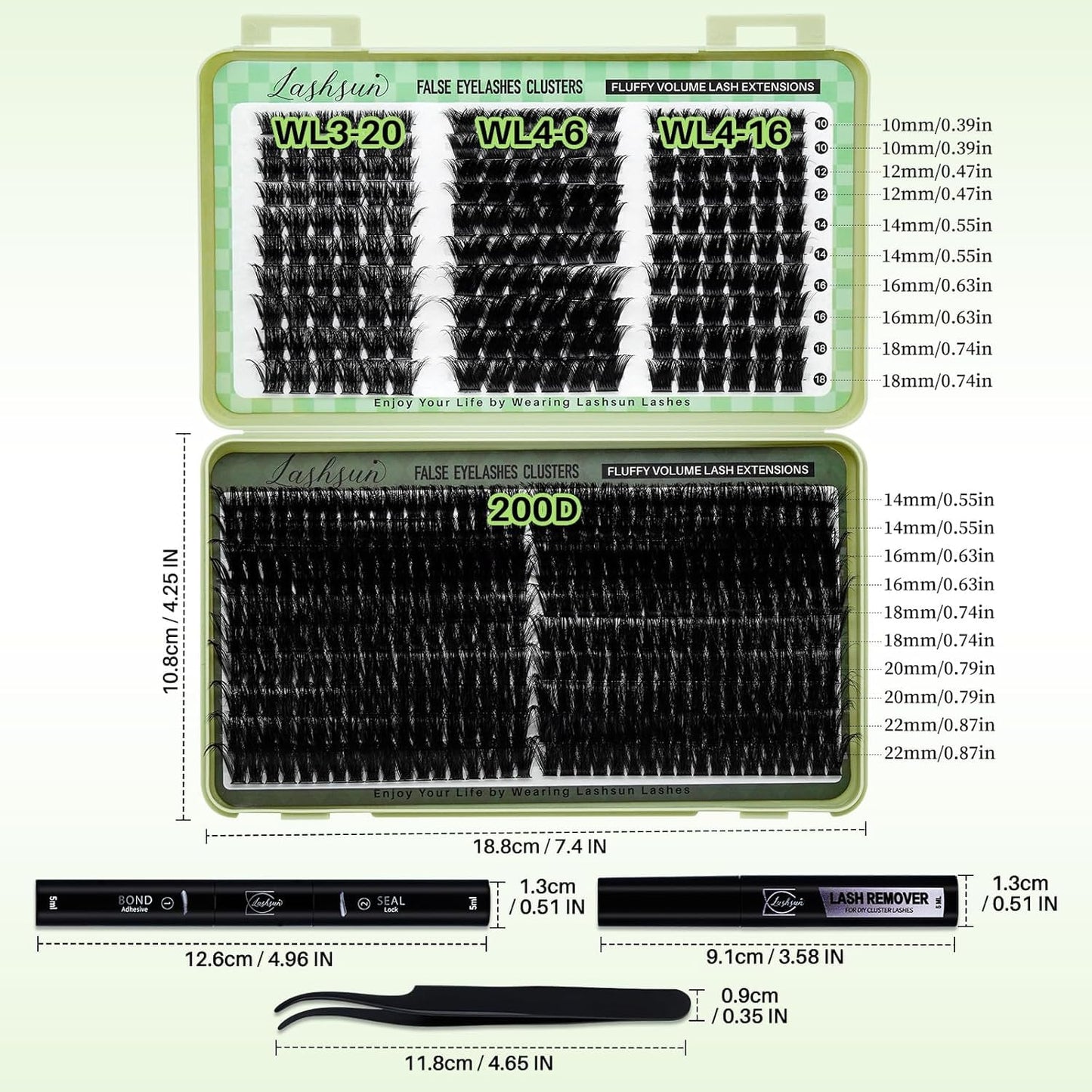 LASHSUN Lash Clusters Kit 540pcs D Curl 4 Styles 10-22mm Wispy Cluster Lashes Kit Soft and Comfortable False Eyelashes Extension Kit, DIY Long Lasting Lashes At Home (WL+200D Kit)
