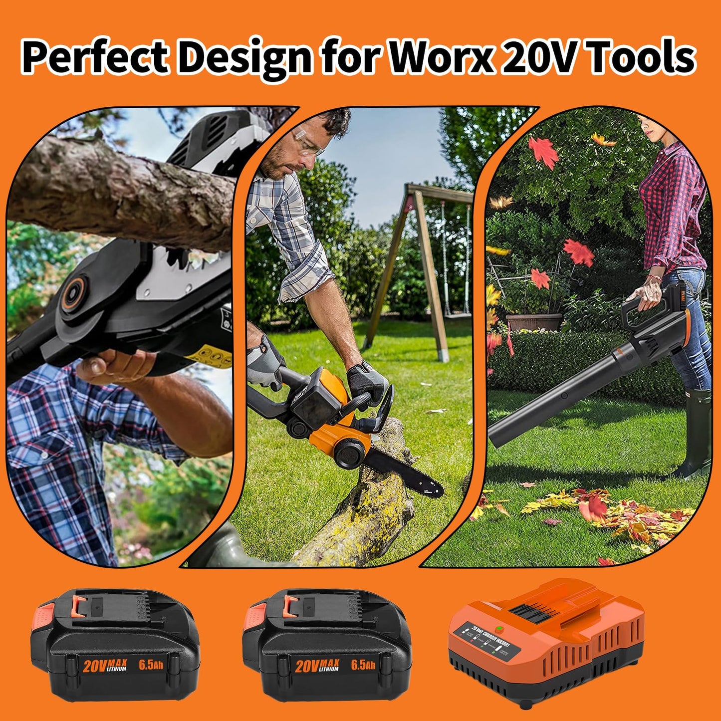 Powilling 2 Pack 6.5Ah Replacement for Worx 20V Battery and Dual Charger Compatible with Worx Battery 20V WA3674 WA3575 WA3525 WA3520 WG151s WG155s WG545s