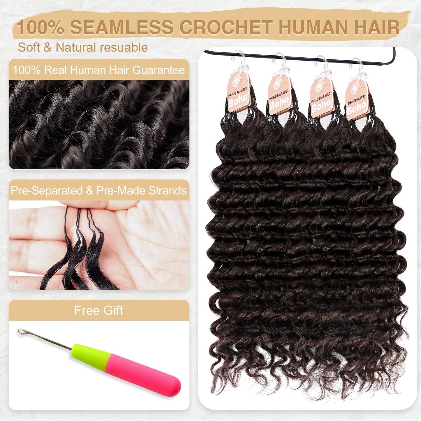 Human Crochet Hair for Black Women Deep Wave Feather Crochet Human Hair Extensions Brazilian Virgin Hair Upgrade Bulk Knotless Boho Braids Hair Pre Looped Curly Braiding Bundles