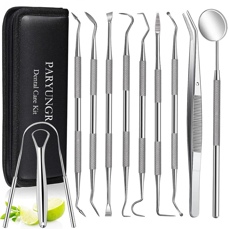 11 Pack Dental Tools PARYUNGR Teeth Cleaning Tool Kit, Stainless Steel Tongue Scraper Tartar Plaque Remover Tooth Cleaner Dental Floss Picks Mouth Mirror, Professional Oral Care Hygiene Set with Case