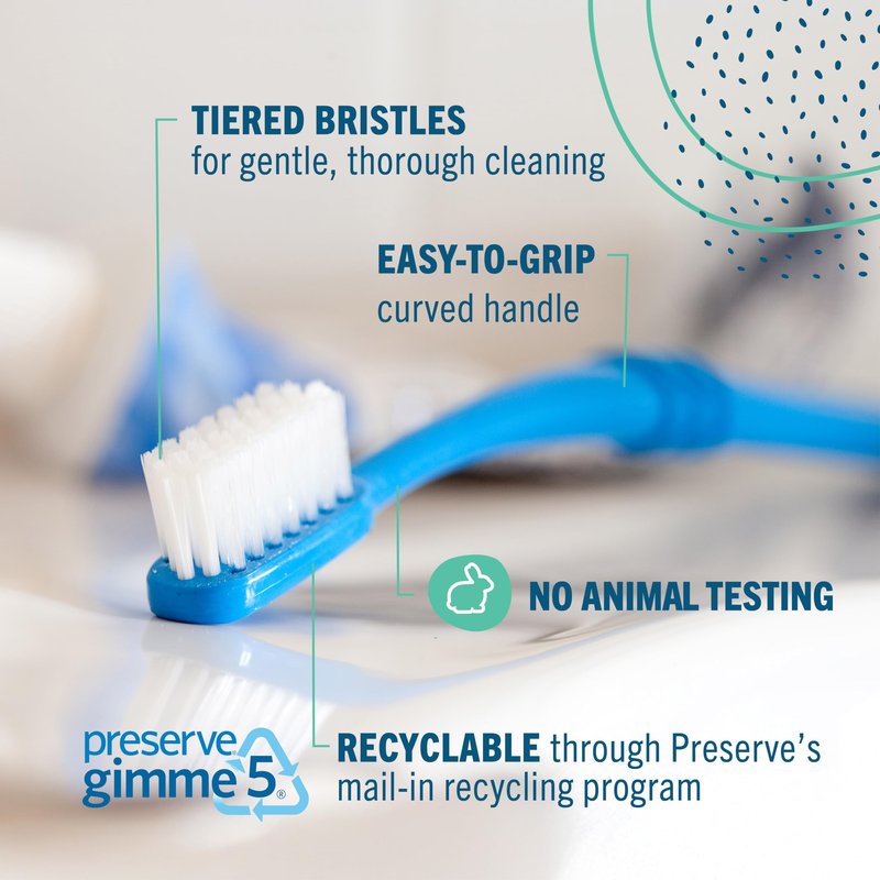Preserve Eco Friendly Adult Toothbrushes, Made in The USA from Recycled Plastic, Lightweight Package, Soft Bristles, Colors Vary, 6 Pack