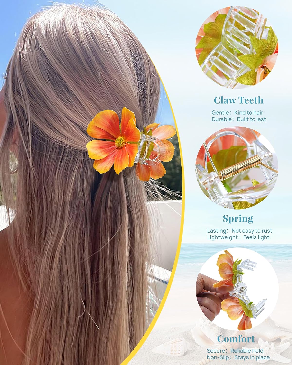 Hawaiian Flower Hair Claw Clips - 4 Pack Tropical Orchid Clips for Weddings & Beach Parties | Red, Orange, Pink, White