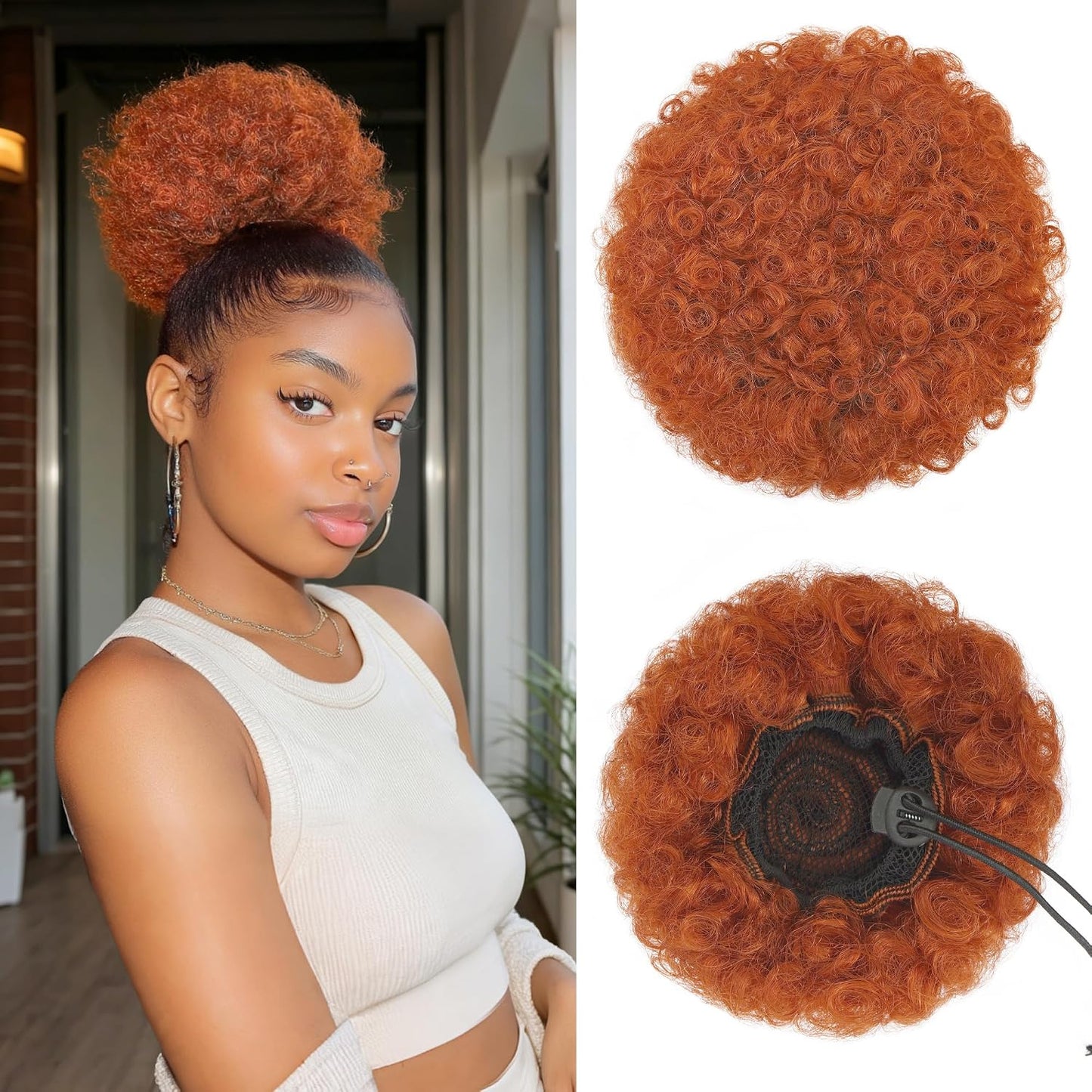 Human Hair Afro Puff Drawstring Ponytail - Kinky Curly Short Extensions for Black Women | Medium Size - 1B Natural Black