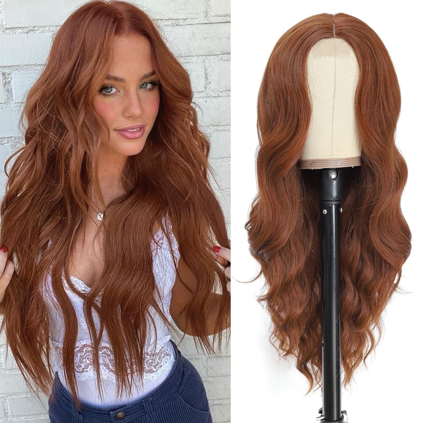NAYOO Brown Wigs for Women - Long Curly Wavy Hair | Heat Resistant Synthetic Fiber, 24 Inches