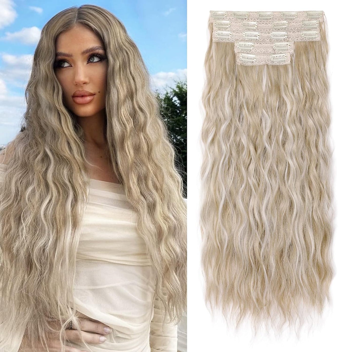 Clip In Hair Extensions - 5PCS Ash Blonde Highlights | 24" Thick Loose Waves, Soft & Natural Hairpieces for Women