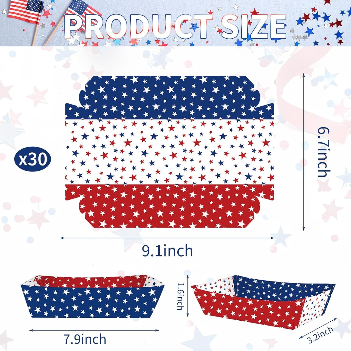 Disposable Paper Serving Trays - 30 Pack Red, White & Blue Star Design for Popcorn, Snacks | Perfect for 4th of July, BBQs & Picnics