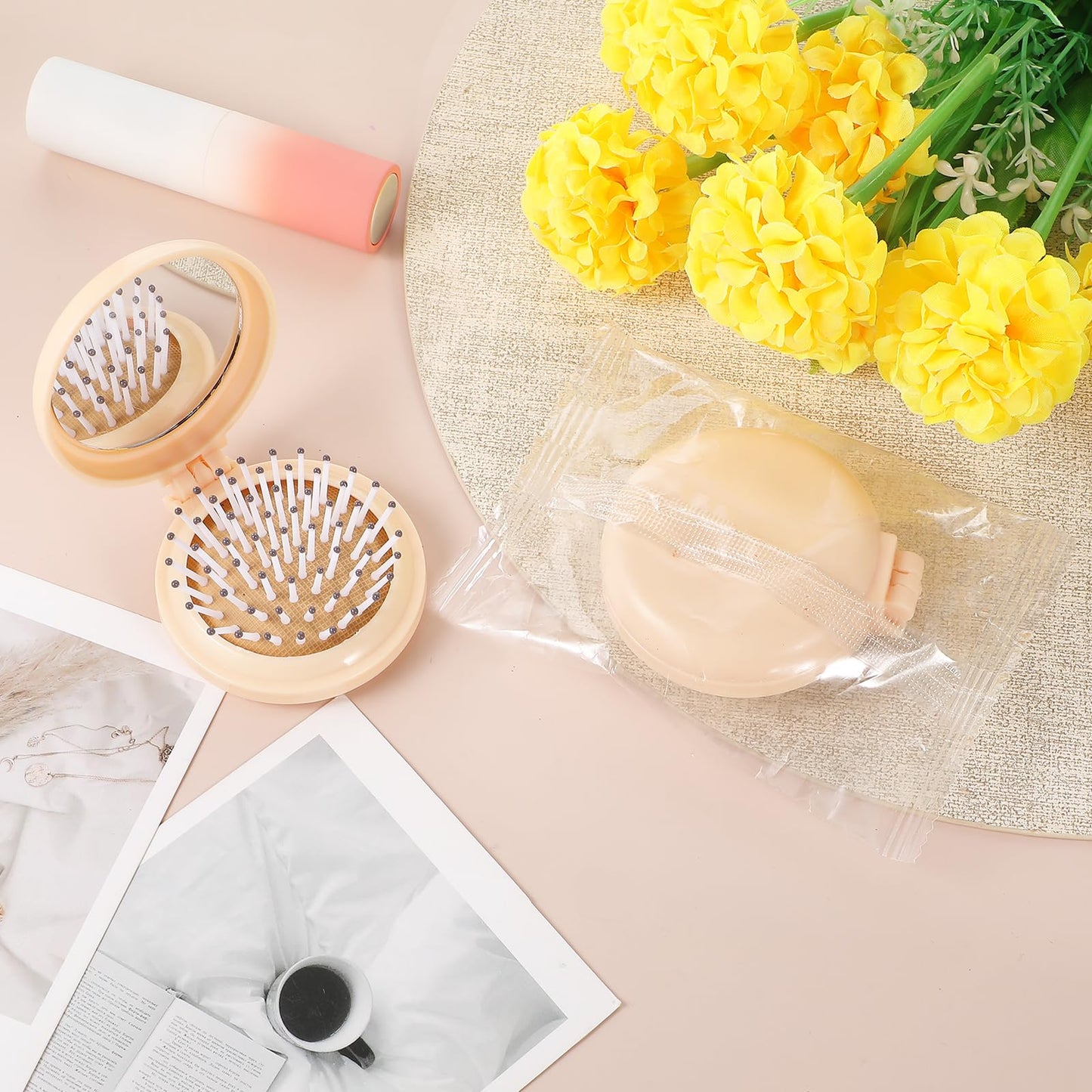 Mini Brush with Mirror Hair Brush with Mirror Travel Hair Brush with Small Mirror Mini Hair Brush and Mirror Combo Round Mini Compact Massage Comb for Purse (Beige)