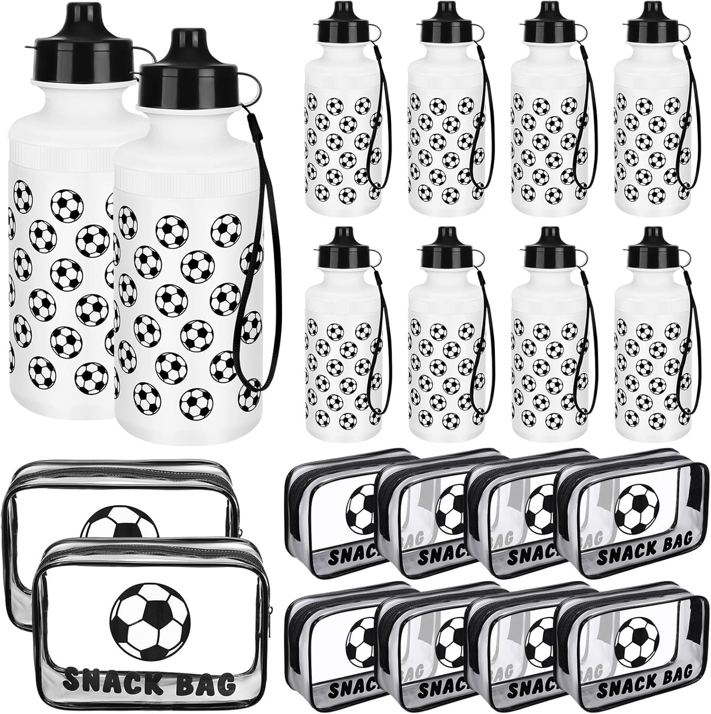 Reusable 20 oz Water Bottles Bulk - 8+8 Pcs Squeeze Plastic with Snack Bags | Clear PVC Waterproof Goodie Bags for Sports Parties