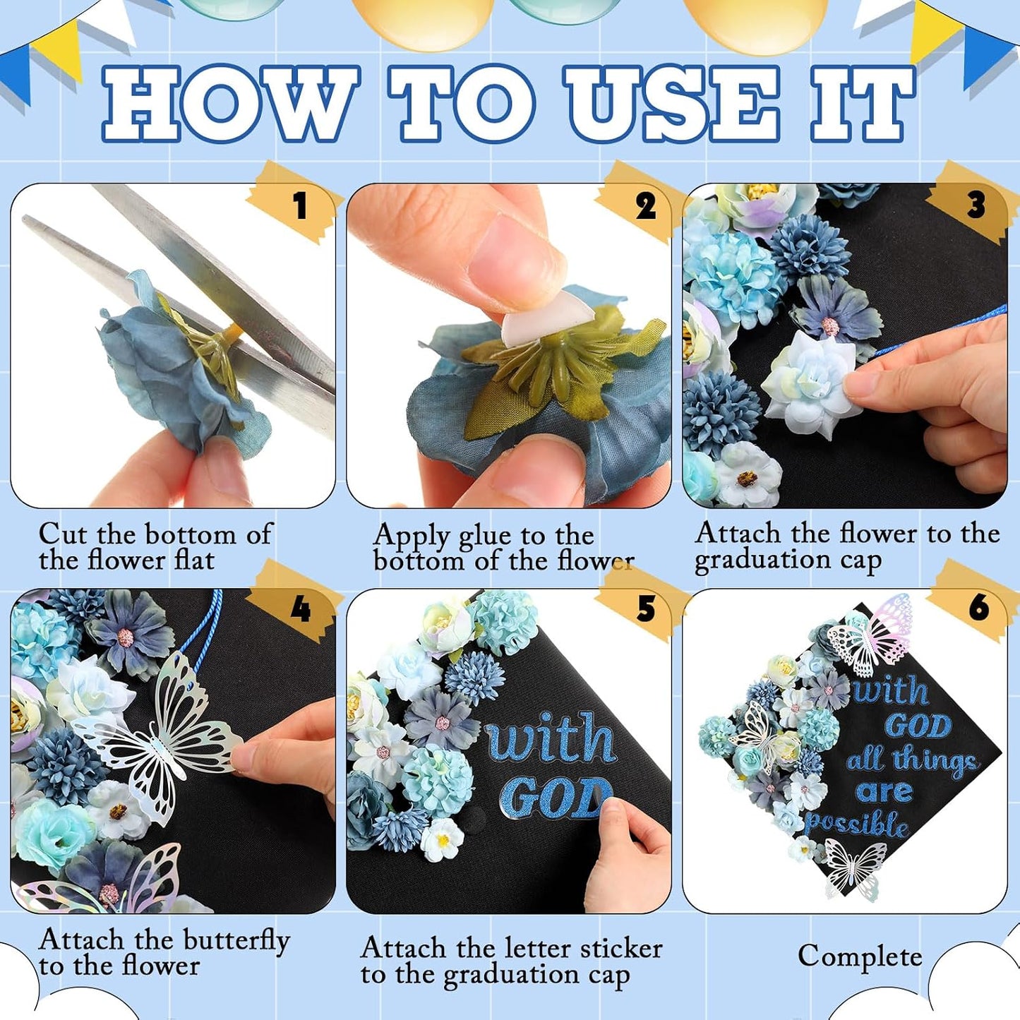 Graduation Cap Decoration Kit - 36 Pcs with Faux Flowers, Glitter Stickers & 3D Butterflies | Blue Inspirational Themes